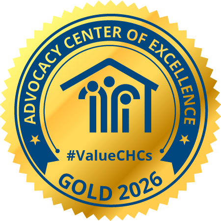 2026_ACE_Gold | MedLink Gold medal badge: 'Advocacy Center of Excellence' with house/people icon and '#ValueCHCs' (Gold 2026)