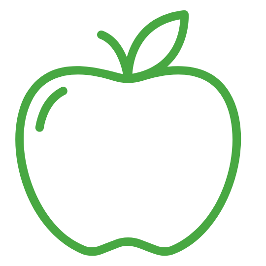 Apple | MedLink Green outline apple icon with a leaf on a black background (informational symbol)