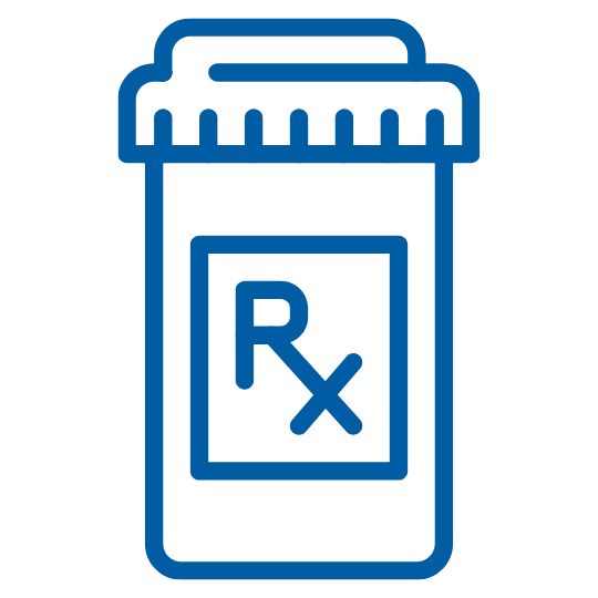 Precription | MedLink Blue outline icon of a prescription bottle with an Rx on the label, representing medication or prescriptions