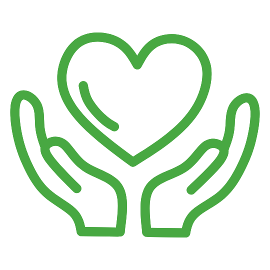 Support | MedLink Green outline of two cupped hands holding a heart, symbolizing care and support to others